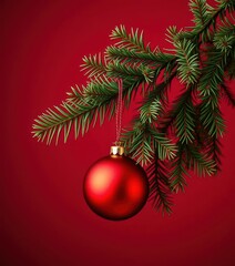 Obraz premium A single, richly colored evergreen branch, adorned with a vibrant red Christmas ornament, set against a dark red backdrop, winter, dark red background