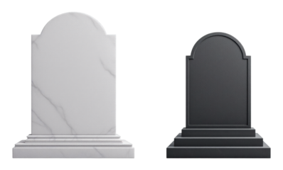Classic White Marble and Black Granite Tombstone Set with Traditional Curved Top Design, Memorial Cemetery Headstones Isolated on Transparent and White Background