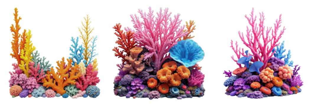 Vibrant Multicolored Coral Reef Collection with Tropical Marine Life, Underwater Ocean Aquarium Decorative Elements Isolated on Transparent and White Background
