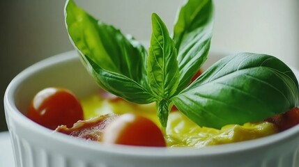 Baked eggs, bacon, tomatoes, basil, breakfast, kitchen, close-up, healthy