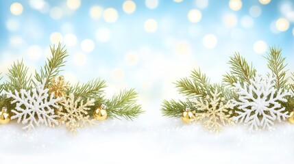 Festive snow, gold snowflakes, pine, winter bokeh, holiday greeting