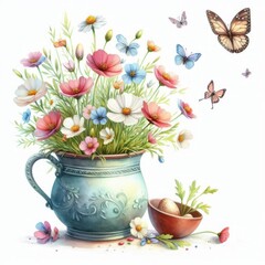 Expressive still life art with flowers and butterflies in bold colors. Romantic, vintage feel with whimsical depth and artistic detail on white backdrop.