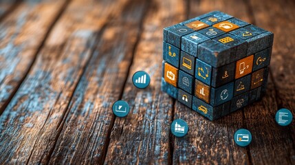 Obraz premium Close up shot of a cube symbolizing program increase and client growth placed on a wooden background with icons representing conversion and sale