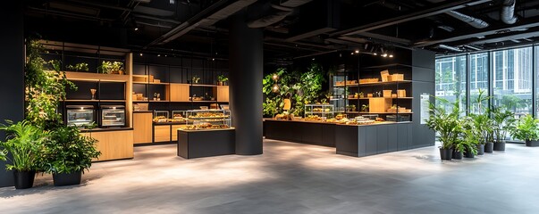 Fototapeta premium A modern bakery cafe shop interior design with green plants