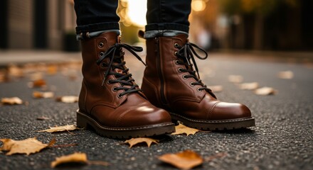 The legs of a person in black jeans and brown leather lace-up boots. The man stands on an asphalt road strewn with fallen yellow leaves.
