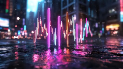 Neon Stock Market Graph in a Night Cityscape: Financial Data Visualization with Vibrant Colors and Urban Reflections