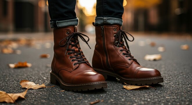 The legs of a person in black jeans and brown leather lace-up boots. The man stands on an asphalt road strewn with fallen yellow leaves.