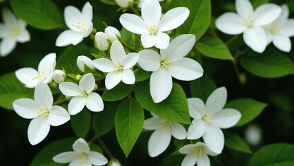 Fototapeta premium Delicate White Blossoms: A Captivating View of Nature's Beauty in Full Bloom with Lush Green Foliage.