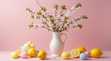 A white ceramic pitcher filled with blooming branches of delicate white cherry blossoms, placed against a soft pink background.