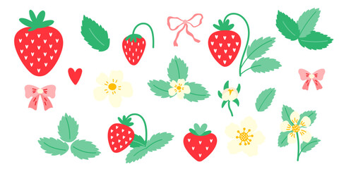 Vector set of strawberry, wild strawberry illustrations with juicy berries, flowers, and leaves. Ideal for summer clipart, sticker, food-themed designs