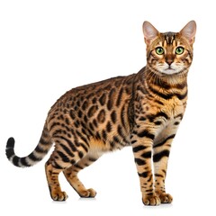 A regal Bengal cat with a sleek golden coat covered in intricate rosette patterns, standing tall with an alert posture.