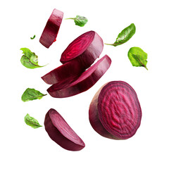 Flying red beetroot and half slices floating in the air, fresh raw vegetable concept, Isolated Transparent Background