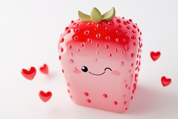 A cute, winking strawberry cartoon surrounded by red hearts, perfect for Valentine's Day.