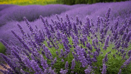 Fototapeta premium Serene Lavender Field: A Widespread Carpet of Purple Blossoms Underneath the Sky, Evoking a Sense of Calm and Natural Beauty.