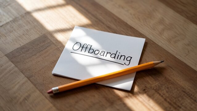A white note with the text "Offboarding" placed on a smooth wooden surface