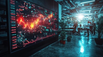 Bright office with professionals analyzing financial trends on a digital screen displaying stock market charts