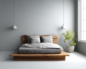 A serene 3D rendering of a minimalist bedroom with a wooden bed, grey and white color theme, and soft lighting from wall lamps