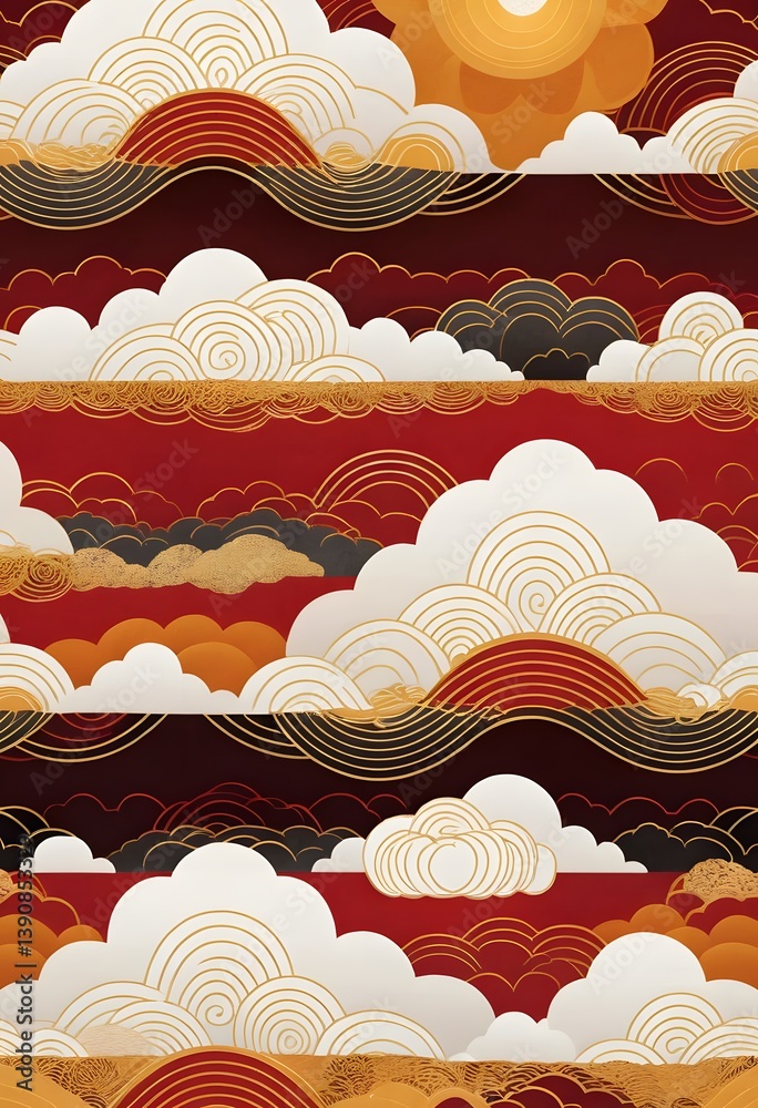 Aufkleber golden cloudscape design, abstract art with warm colors and geometric details. elegant, wavy lines c