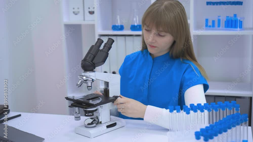 Poster a focused lab technician in a blue uniform and gloves prepares scientific samples in a modern labora