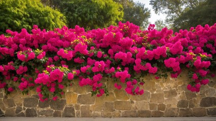 Obraz premium A Stone Wall Adorned with Cascading Bougainvillea, Creating a Vibrant Tapestry of Pink Hues Under a Canopy of Lush Greenery.