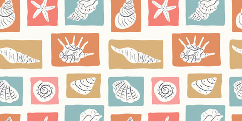 Modern seamless marine pattern with seashells and starfish in frames. Hand drawn minimalist sea print. Collage abstract elements. Tropical vacation, beach and sea life concept.