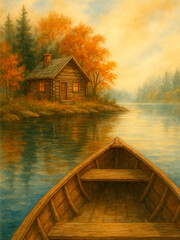 Fototapeta premium “Cabaña junto al lago vista desde un bote en un tranquilo atardecer otoñal”