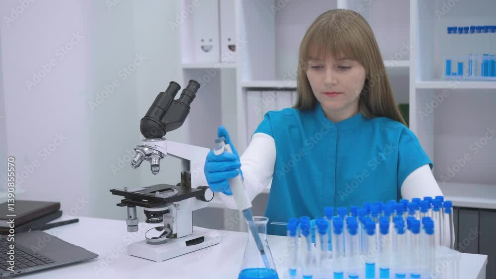 Poster a professional lab technician in a blue uniform is carefully working with laboratory equipment in cl