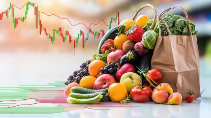 Fresh Produce Overflowing from a Brown Bag with Stock Market Graph in the Background