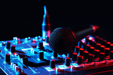 Professional mixing console with microphone on black background in neon lights, closeup