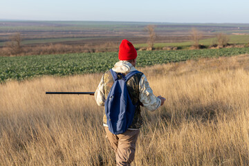 Mature hunter man holding a shotgun and walking through a field