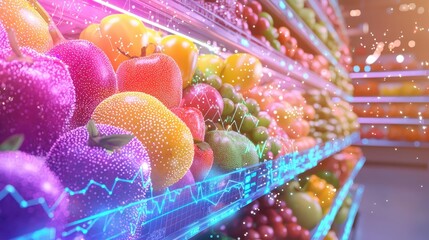 Supermarket produce shelves with stock market charts, displaying real-time inflation, digital overlay, bright colors