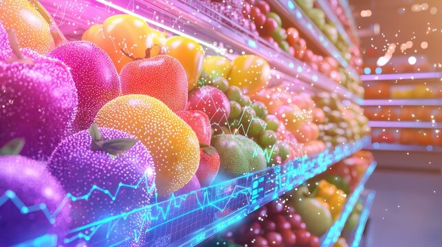 Supermarket produce shelves with stock market charts, displaying real-time inflation, digital overlay, bright colors