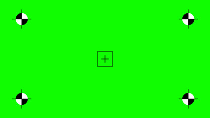 Greenscreen template. Green background with tracking black cross marks. Chromakey video technology to add visual effects or VFX in footage during movie post-production phase. Vector flat illustration.
