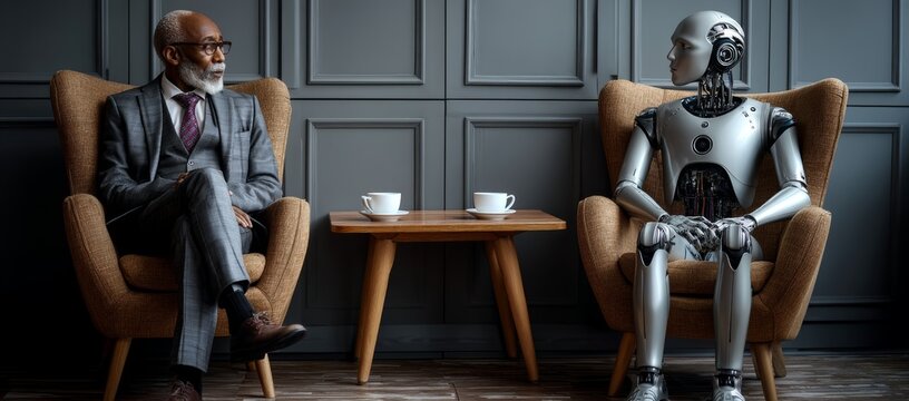 AI robot sitting on a chair next to an elderly man with coffee, both waiting for a job interview. AI vs human concept.Technology coexisting people professional environment artificial intelligence