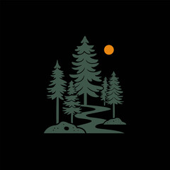 Fototapeta premium Minimalist forest scene featuring tall evergreen trees, a winding path, and a setting sun