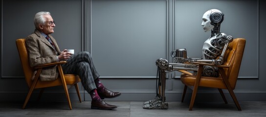 AI robot sitting on a chair next to an elderly man with coffee, both waiting for a job interview. AI vs human concept.Technology coexisting people professional environment artificial intelligence