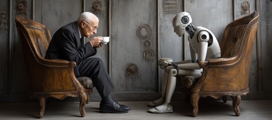 AI robot sitting on a chair next to an elderly man with coffee, both waiting for a job interview. AI vs human concept.Technology coexisting people professional environment artificial intelligence