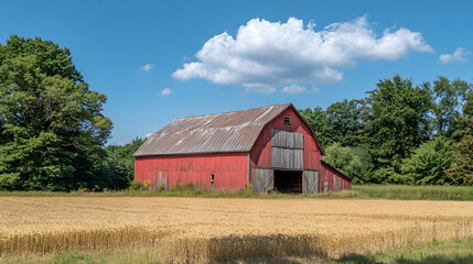 Obraz premium Rural landscape with a red barn standing amidst a field of golden wheat under a blue sky with fluffy clouds, embodying rustic charm.
