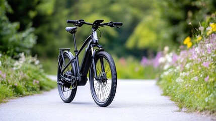 Electric bicycle on a paved path surrounded by flowers
