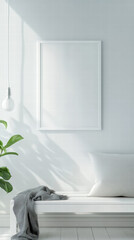 Fototapeta premium Minimalist serenity: The image showcases a minimalist interior, featuring a blank framed canvas on a pristine white wall, complemented by a cozy bench, pillow, and soft blanket with natural light.