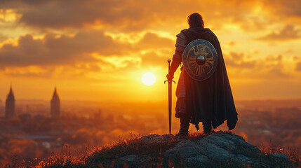 Silhouette of a warrior atop a hill at sunrise, holding sword and shield, symbolizing leadership, courage, and faith like Joshua, overlooking a blurred modern battlefield below.

