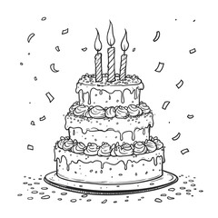 Hand-drawn sketch of a layered birthday cake with flowing icing and lit candles