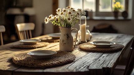 Fototapeta premium Rustic Dining: Daisies in pitcher on a weathered wood table set for a meal. Warm light filters through a window, highlighting the simple elegance of the scene.