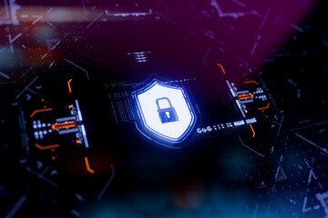 Futuristic neon shield with a checkmark on a digital background. Concept of cybersecurity, data protection, digital safety, privacy policy, compliance and secure technology.