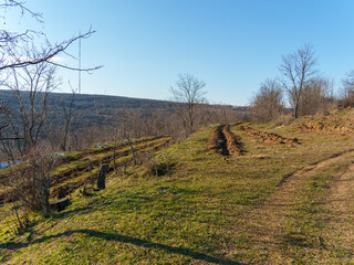 A serene rural landscape showcases a plowed field along a gentle hillside. Leafless trees dot the area, while a clear blue sky looms above. The scene conveys tranquility and nature's beauty.