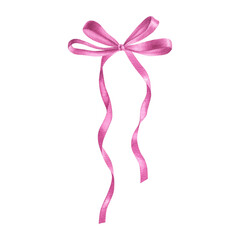 Pink satin ribbon bow. Hand drawn watercolor illustration of silk knot on isolated background for gift or present. Drawing of ornate textile tape for polygraphy, planner, sticker, decor, gift boxes