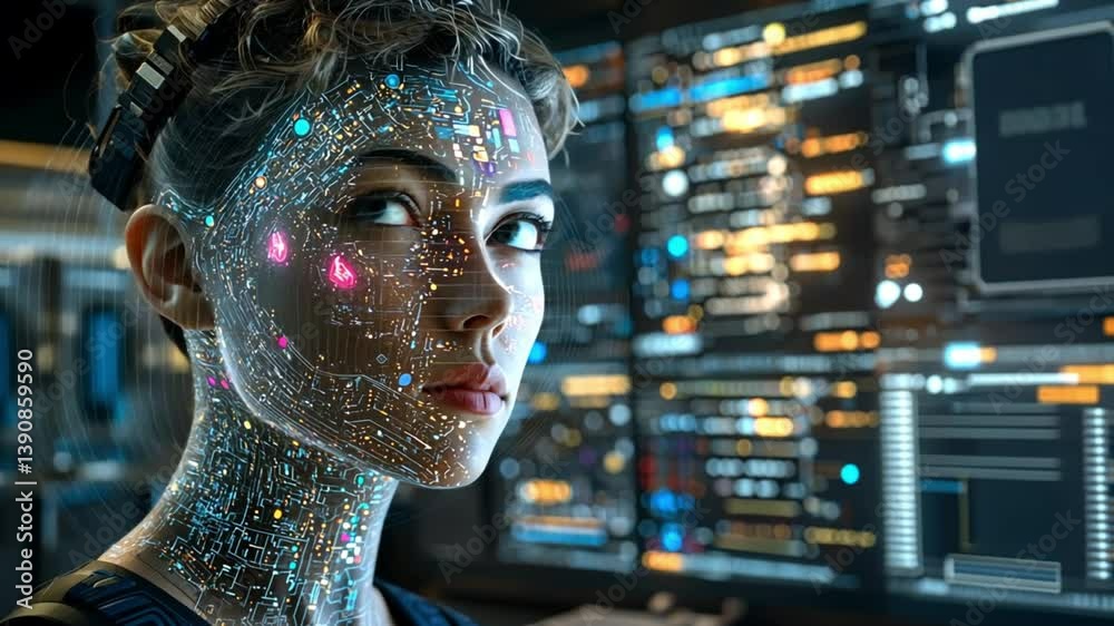 Wall mural data scientist analyzes code displayed onscreen digitally detailed scene