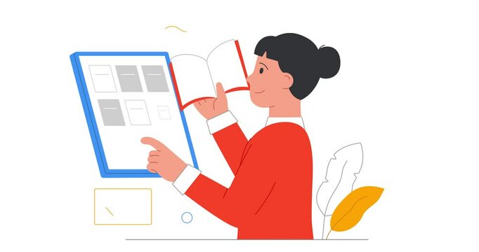Literature fan. Moving banner with happy smiling girl reading e book on digital tablet. Online library with various books, stories and novels. Education and hobbies. Flat outline animated graphics