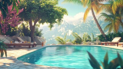 Obraz premium Serene Tropical Paradise with Swimming Pool, Lush Trees, and Gorgeous Mountain View in Bright Sunlight