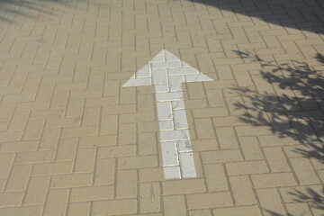 Directional arrow painted on pavement guiding foot traffic in a sunny outdoor area